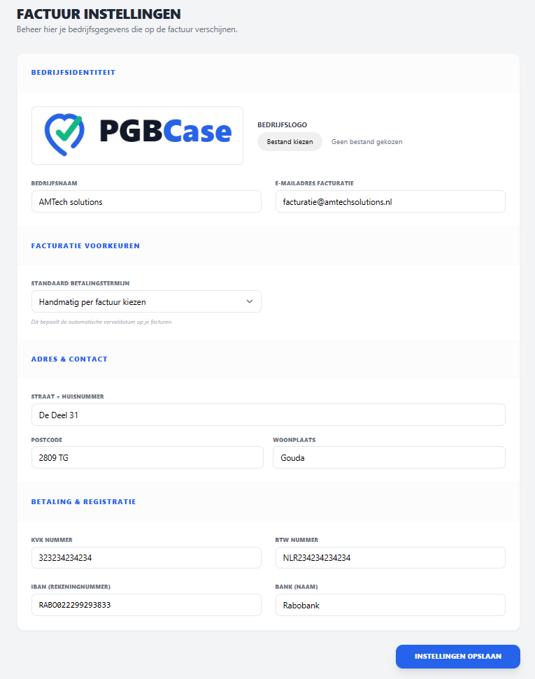 PGB factuur instellingen configureren