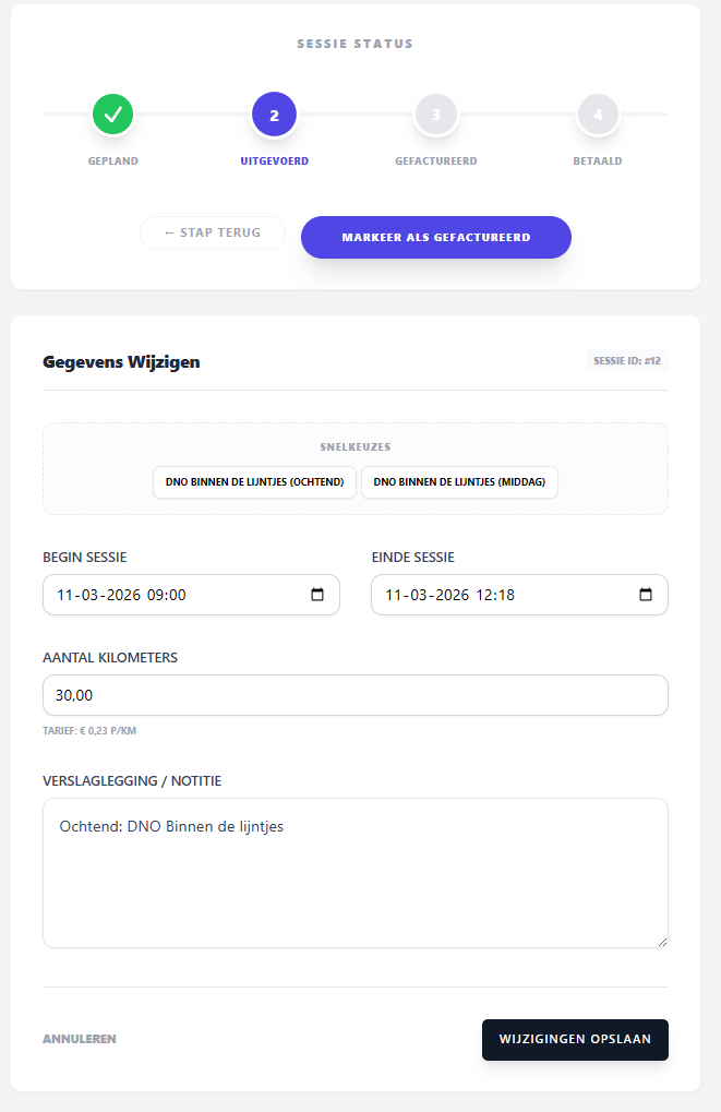 Sessie wijzigen scherm