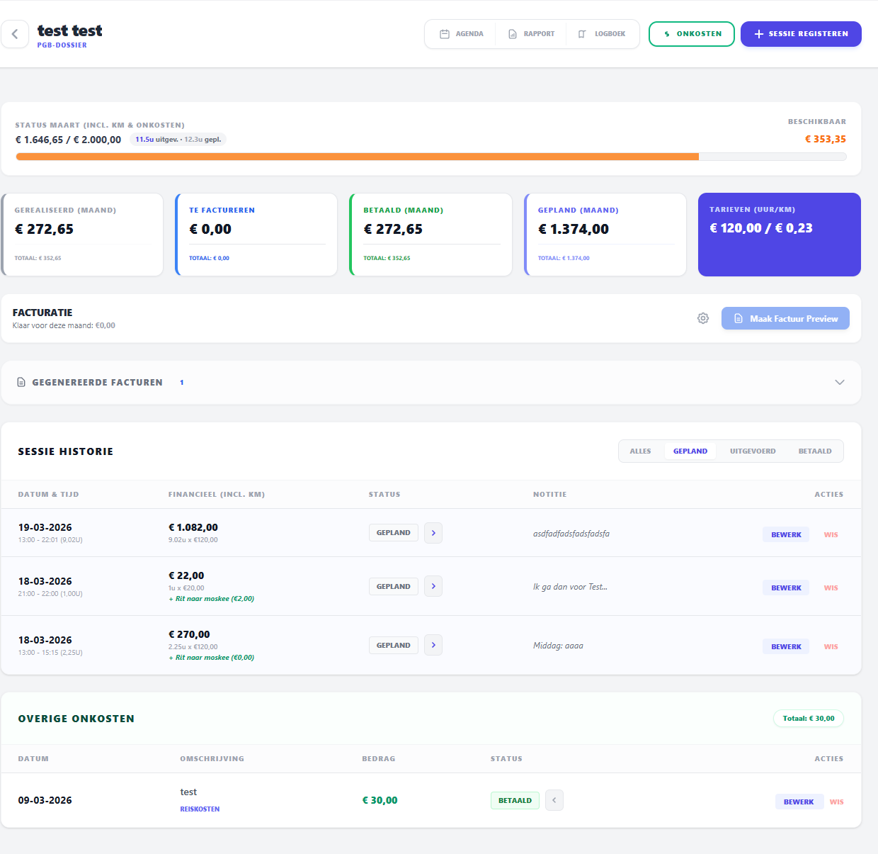 Gedetailleerd overzicht van geregistreerde PGB zorgsessies en resterend budget